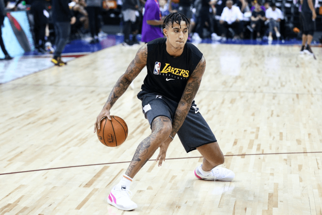 #0 Kyle Kuzma of the Los Angeles Lakers warms up before the match against the Brooklyn Nets during a preseason game as part of 2019 NBA Global Games China at Shenzhen Universiade Center on October 12, 2019 in Shenzhen, Guangdong, China.