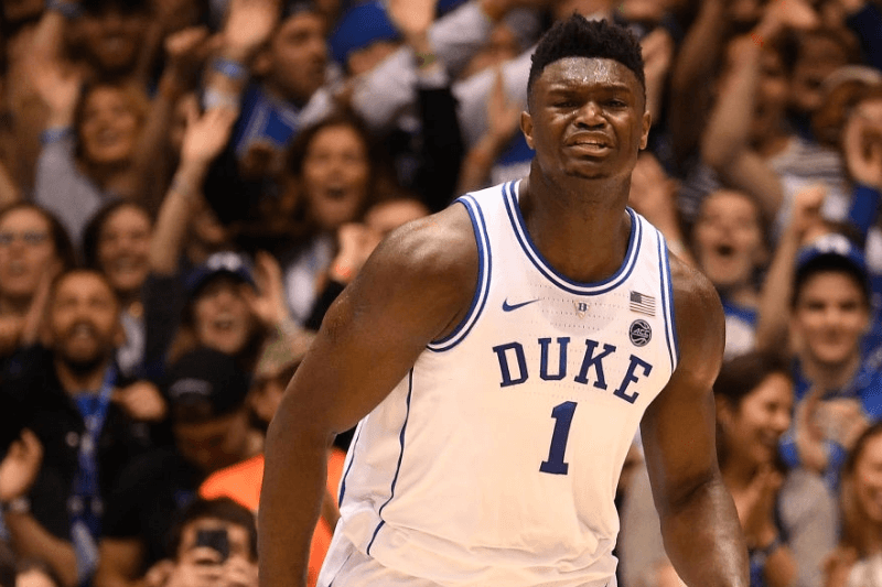 COLUMBIA, SC - MARCH 24: Zion Williamson #1 of the Duke Blue Devils reacts after making a three point shot against the UCF Knights in the second round of the 2019 NCAA Photos via Getty Images Men's Basketball Tournament held at Colonial Life Arena on March 24, 2019 in Columbia, South Carolina. (Photo by Grant Halverson/NCAA Photos via Getty Images)