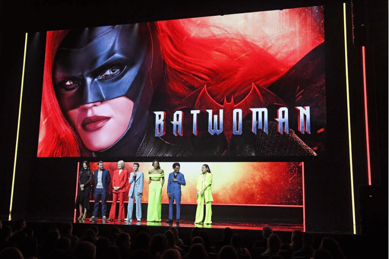 NEW YORK, NEW YORK - MAY 16: (L-R) Elizabeth Anweis, Rachel Skarsten, Ruby Rose, Meagan Tandy, Camrus Johnson, and Nicole Kang of "Batwoman" speak onstage during the The CW Network 2019 Upfronts at New York City Center on May 16, 2019 in New York City.