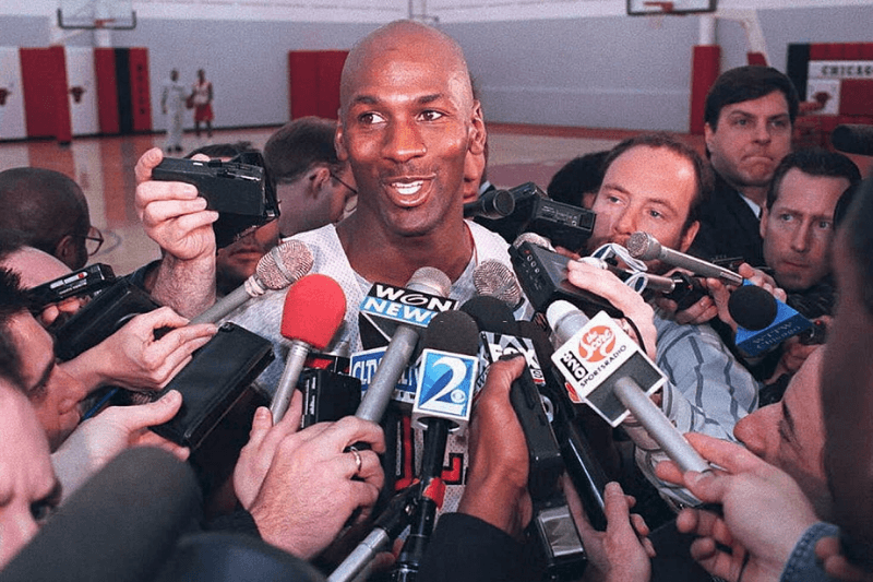 CHICAGO, IL - MARCH 20: Basketball star Michael Jordan of the Chicago Bulls talks to the press 20 March after practice at the Berto Center in Deerfield, Illinois. Jordan reiterated that he has returned to basketball because of his love for the game.