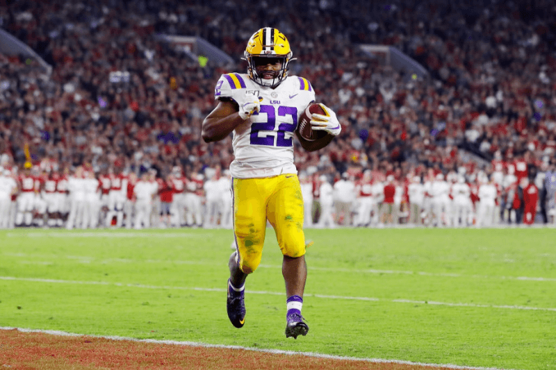 TUSCALOOSA, ALABAMA - NOVEMBER 09: Clyde Edwards-Helaire #22 of the LSU Tigers rushes for a 5-yard touchdown during the fourth quarter against the Alabama Crimson Tide in the game at Bryant-Denny Stadium on November 09, 2019 in Tuscaloosa, Alabama.