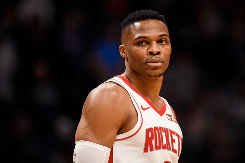 DENVER, CO - NOVEMBER 20: Russell Westbrook (0) of the Houston Rockets stands on the court against the Denver Nuggets during the first quarter on Wednesday, November 20, 2019.