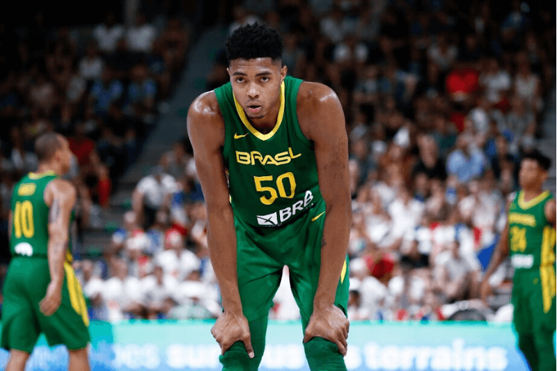 VILLEURBANNE, FRANCE - AUGUST 16: Bruno Caboclo #50 of Brazil looks on during the International Friendly match between France and Brazil at The Astroballe on August 16, 2019 in Villeurbanne, France