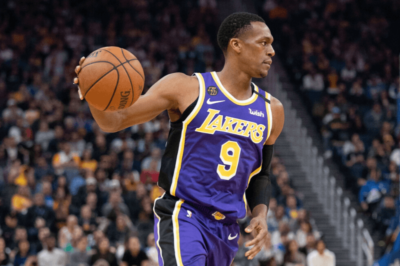 February 27, 2020; San Francisco, California, USA; Los Angeles Lakers guard Rajon Rondo (9) dribbles the basketball during the second quarter against the Golden State Warriors at Chase Center