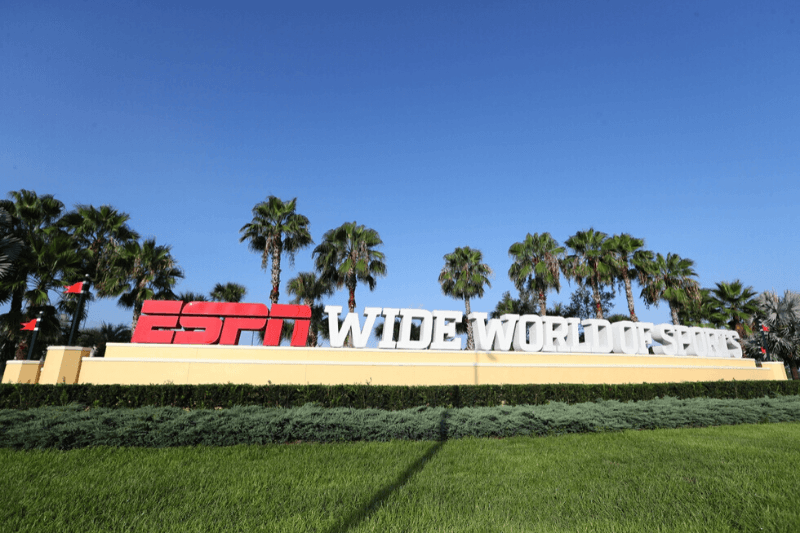 Jul 14, 2020; Orlando, FL, USA; Detail view of the entrance of ESPN Wide World of Sports where they are hosting the NBA and MLS games for the summer due to COVID-19.