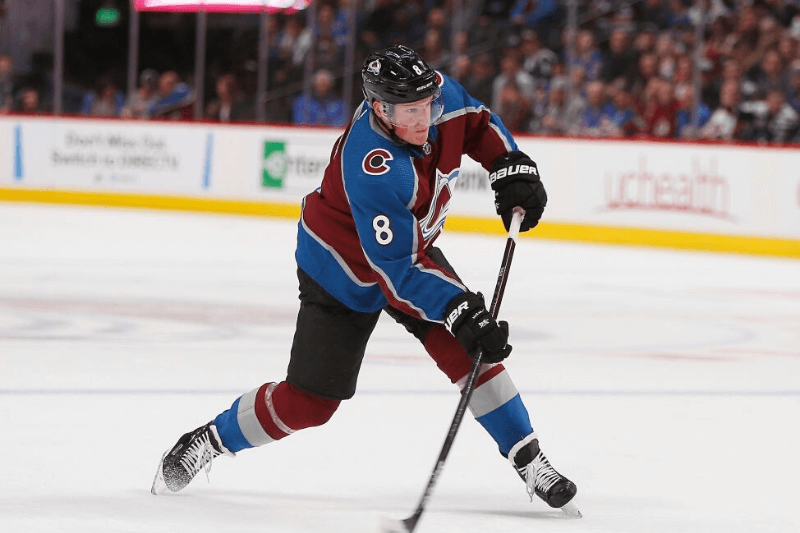 DENVER, CO - MARCH 11: Colorado Avalanche Defenseman Cale Makar (8) takes a shot during a regular season game between the Colorado Avalanche and the visiting New York Rangers on March 11, 2020 at the Pepsi Center in Denver, CO.