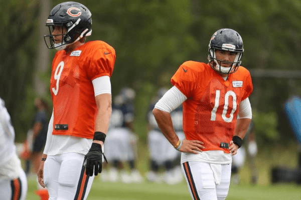 Aug 25, 2020; Lake Forest, IL, USA; Chicago Bears quarterbacks Nick Foles (9) and Mitch Trubisky (10) during training camp Tuesday, Aug. 25, 2020 at Halas Hall.