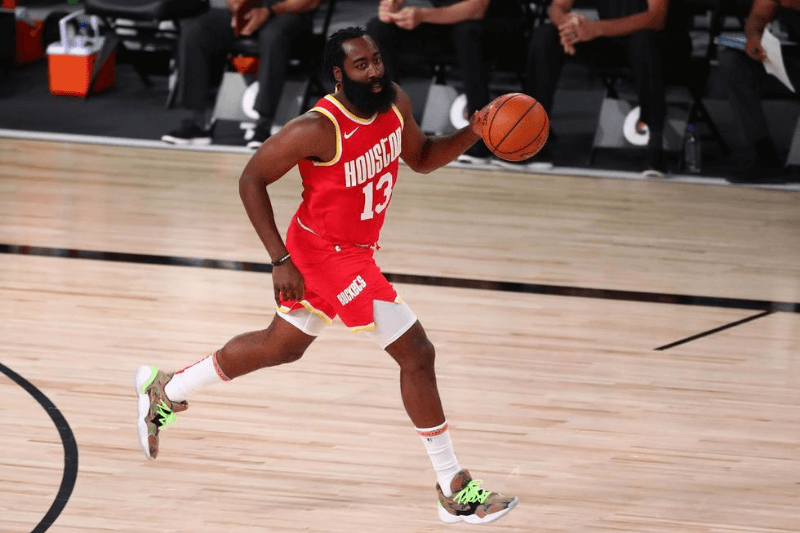 Aug 12, 2020; Lake Buena Vista, Florida, USA; Houston Rockets guard James Harden (13) in the first quarter of a NBA basketball game against the Indiana Pacers at AdventHealth Arena.