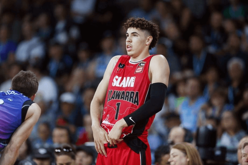 AUCKLAND, NEW ZEALAND - NOVEMBER 30: LaMelo Ball of the Hawks reacts during the round 9 NBL match between the New Zealand Breakers and the Illawarra Hawks at Spark Arena on November 30, 2019 in Auckland, New Zealand.