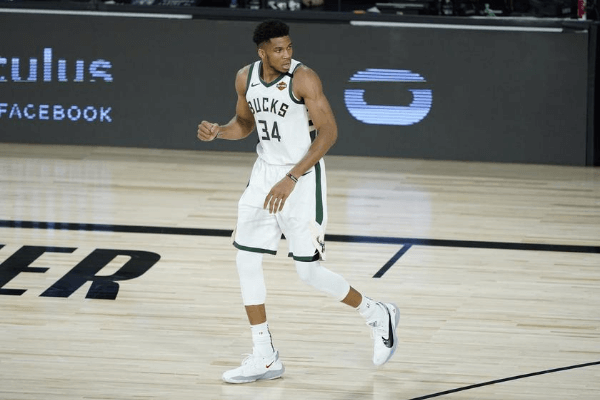 Aug 24, 2020; Lake Buena Vista, Florida, USA; Milwaukee Bucks' Giannis Antetokounmpo reacts during the second half against the Orlando Magic in game four of the first round of the 2020 NBA Playoffs at The Field House