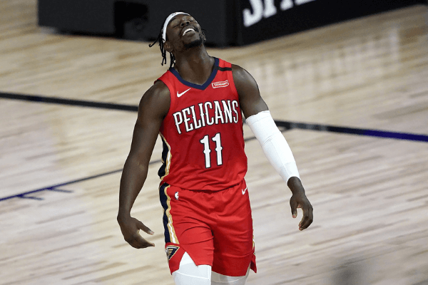 August 6, 2020; Lake Buena Vista, Florida, USA; New Orleans Pelicans' Jrue Holiday reacts during the first half of an NBA basketball game against the Sacramento Kings at HP Field House. Mandatory Credit: Ashley Landis/Pool Photo-USA TODAY Sports