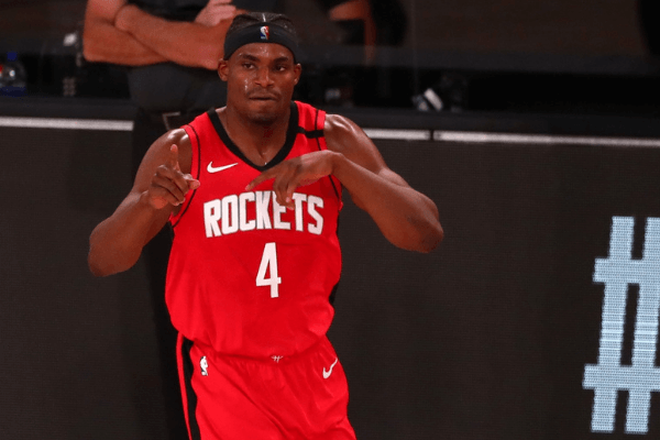 Aug 20, 2020; Lake Buena Vista, Florida, USA; Houston Rockets forward Danuel House Jr. (4) reacts after a play against the Oklahoma City Thunder during the first quarter in an NBA basketball first round playoff game of the 2020 NBA playoffs at AdventHealth Arena. Mandatory Credit: Kim Klement-USA TODAY Sports