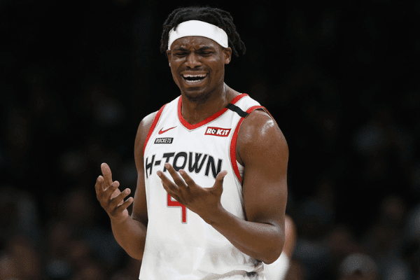 Feb 29, 2020; Boston, Massachusetts, USA; Houston Rockets forward Danuel House Jr. (4) reacts after a called during the first quarter against the Boston Celtics at TD Garden. Mandatory Credit: Winslow Townson-USA TODAY Sports