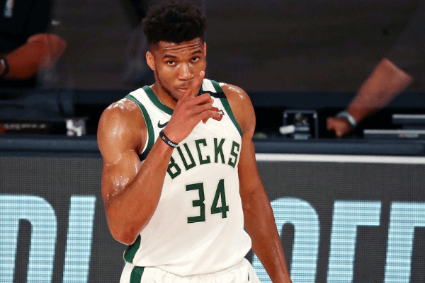 Sep 6, 2020; Lake Buena Vista, Florida, USA; Milwaukee Bucks forward Giannis Antetokounmpo (34) gestures after a play against the Miami Heat during the first half of game four of the second round of the 2020 NBA Playoffs at ESPN Wide World of Sports Complex. Mandatory Credit: Kim Klement-USA TODAY Sports
