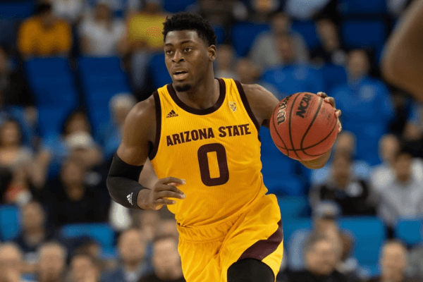 LOS ANGELES, CA - JANUARY 24: Arizona State Sun Devils guard Luguentz Dort (0) moves the ball up the court during the game between the Arizona State Sun Devils and the UCLA Bruins on January 24, 2019, at Pauley Pavilion in Los Angeles, CA.