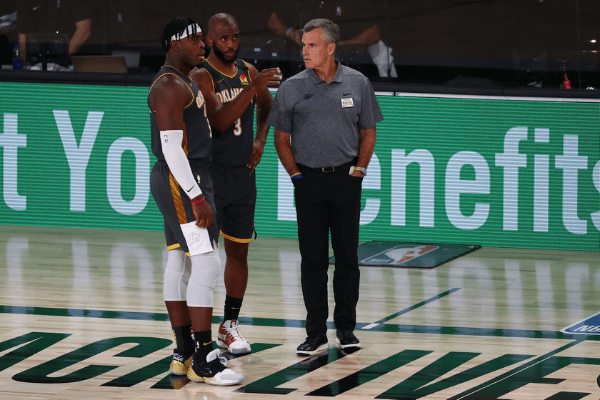 Aug 3, 2020; Lake Buena Vista, Florida, USA; Oklahoma City Thunder guard Chris Paul (3) talks with head coach Billy Donovan and guard Luguentz Dort (5) during the third quarter in a NBA basketball game against the Denver Nuggets at The Arena.