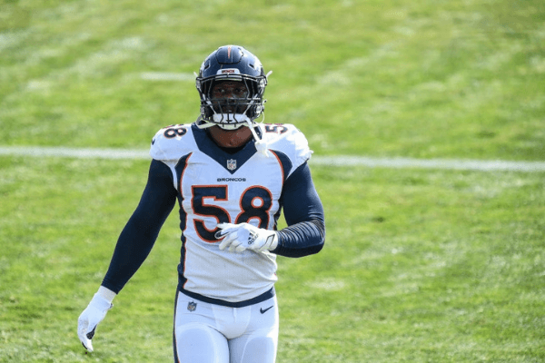 ENGLEWOOD, CO - AUGUST 20: Linebacker Von Miller #58 of the Denver Broncos participates in a drill during a training session at UCHealth Training Center on August 20, 2020 in Englewood, Colorado.