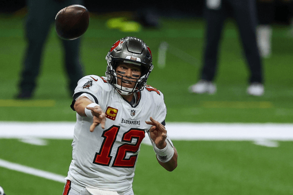 Sep 13, 2020; New Orleans, Louisiana, USA; Tampa Bay Buccaneers quarterback Tom Brady (12) throws against the New Orleans Saints during the first quarter at the Mercedes-Benz Superdome