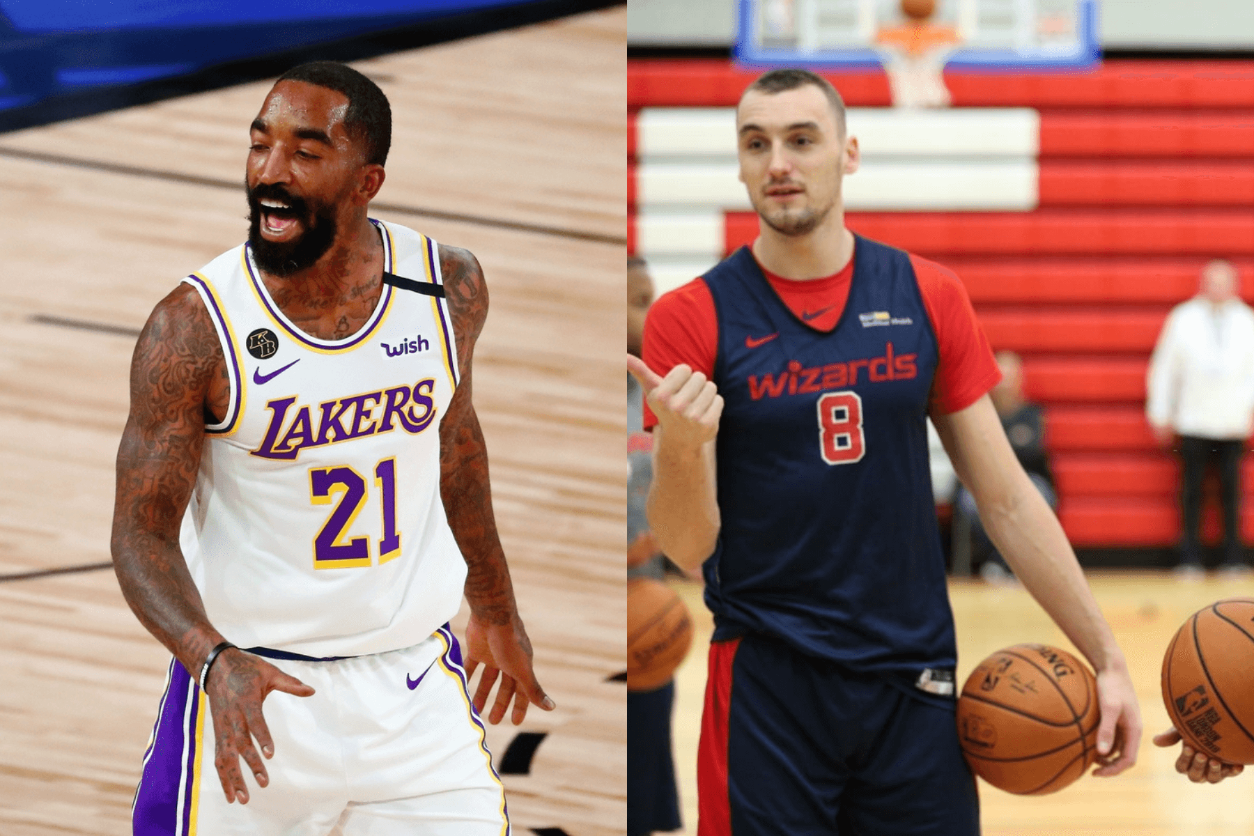 Sam Dekker of the Washington Wizards and J.R. Smith of the Los Angeles Lakers