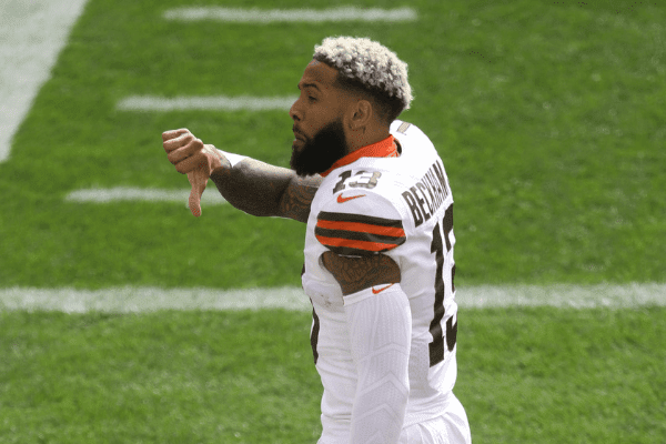 Oct 18, 2020; Pittsburgh, Pennsylvania, USA; Cleveland Browns wide receiver Odell Beckham Jr. (13) gestures on the field before playing the Pittsburgh Steelers at Heinz Field.