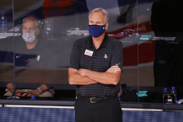 Aug 4, 2020; Lake Buena Vista, USA; Head coach Mike D'Antoni of the Houston Rockets reacts against the Portland Trail Blazers during the first half at The Arena at ESPN Wide World Of Sports Complex on August 04, 2020 in Lake Buena Vista, Florida.