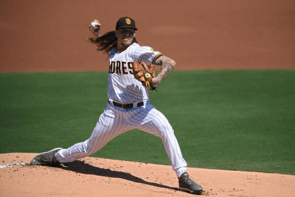 Sep 23, 2020; San Diego, California, USA; San Diego Padres starting pitcher Mike Clevinger (52) pitches during the first inning against the Los Angeles Angels at Petco Park.