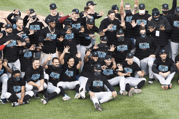 Oct 2, 2020; Chicago, Illinois, USA; The Miami Marlins pose for a photo after defeating the Chicago Cubs in game two of a Wild Card playoff baseball game at Wrigley Field.