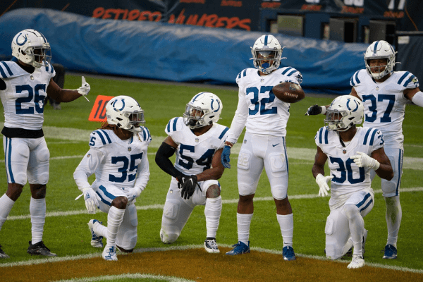 Indianapolis Colts defensive players celebrate an interception in the second half as the Chicago Bears host the Indianapolis Colts at Soldier Field in Chicago on Sunday, Oct. 4, 2020. Indianapolis Colts Face The Chicago Bears In Chicago On Sunday Oct 4 2020