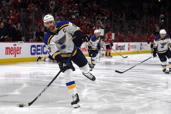 Mar 8, 2020; Chicago, Illinois, USA; St. Louis Blues defenseman Alex Pietrangelo (27) practices before the game against the Chicago Blackhawks at the United Center.