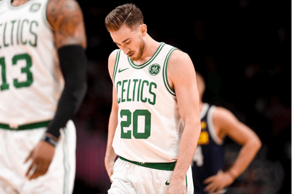Gordon Hayward (20) of the Boston Celtics reacts as the Denver Nuggets pull away during the second half of the Nuggets' 115-107 win on Monday, November 5, 2018. Jamal Murray (27) of the Denver Nuggets had a game and career high 48 points