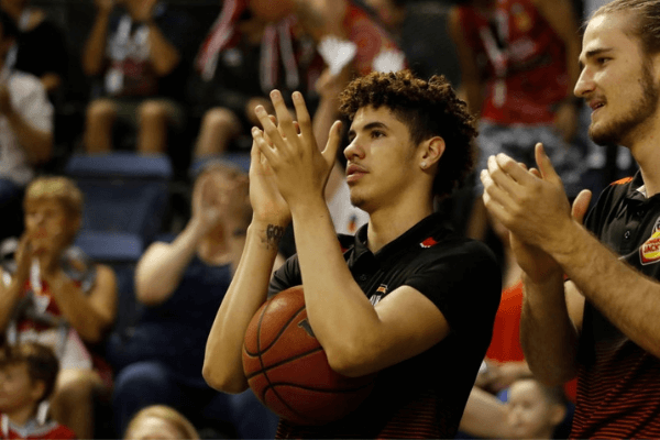 LaMelo Ball of the Hawks cheers his team on during the round 13 NBL match between the Illawarra Hawks and the Sydney Kings at WIN Entertainment Centre on December 31, 2019 in Wollongong, Australia. 