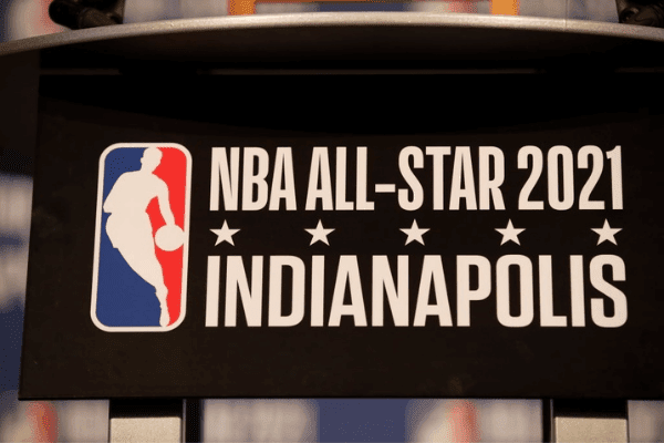  Signage announcing the 2021 NBA All-Star game in Indianapolis before the game between the Oklahoma City Thunder and Indiana Pacers on December 13, 2017 at Bankers Life Fieldhouse in Indianapolis, Indiana.
