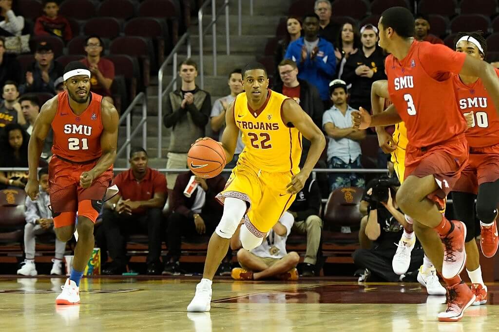 USC guard DeAnthony Melton (22) brings the ball up the court during an NCAA basketball game between the SMU Mustangs and the USC Trojans on November 25, 2016, at the Galen Center in Los Angeles, CA.
