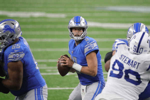 Detroit Lions quarterback Matthew Stafford looks to pass against the Indianapolis Colts during the second half at Ford Field, Sunday, Nov. 1, 2020. Lions