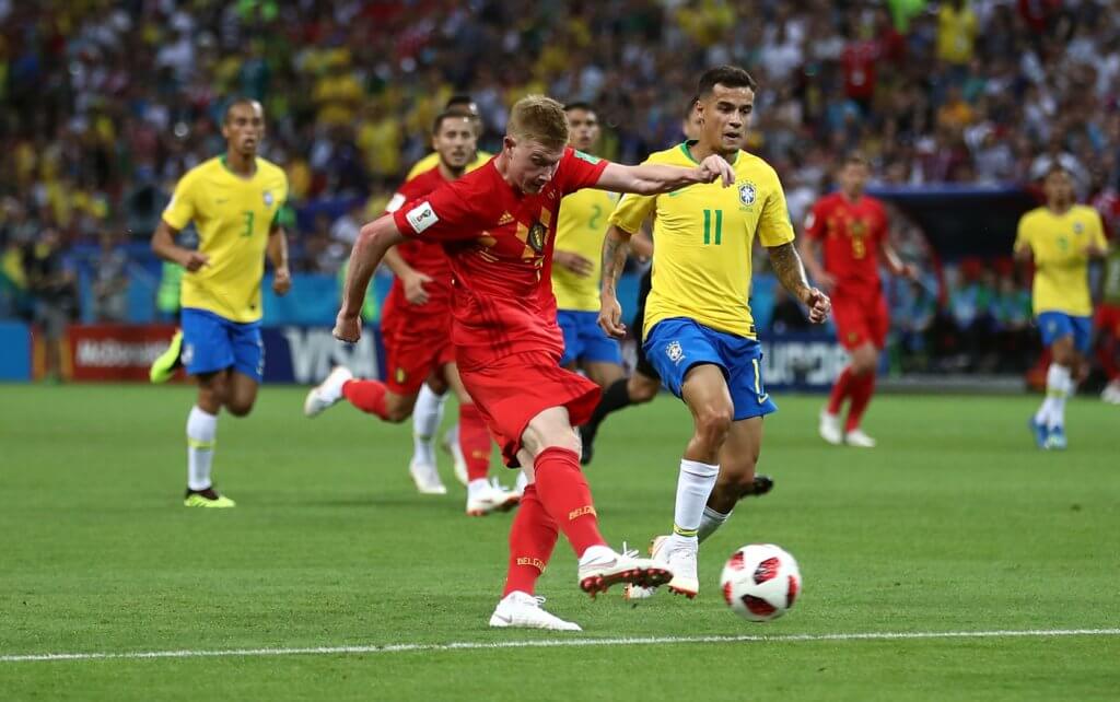 July 6, 2018; Kazan, Russia; Belgium player Kevin De Bruyne scores a goal against Brazil in the quarterfinals during the FIFA World Cup 2018 at Kazan Stadium. Mandatory Credit: PA Images/Sipa USA via USA TODAY Sports