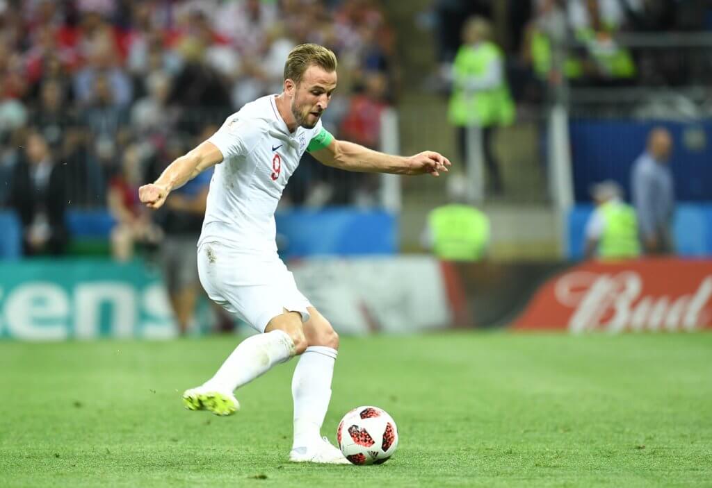 July 11, 2018; Moscow, Russia; England forward Harry Kane (9) controls the ball against Croatia during the first half in the semifinals of the FIFA World Cup 2018 at Saint Petersburg Stadium. Mandatory Credit: Tim Groothuis/Witters Sport via USA TODAY Sports