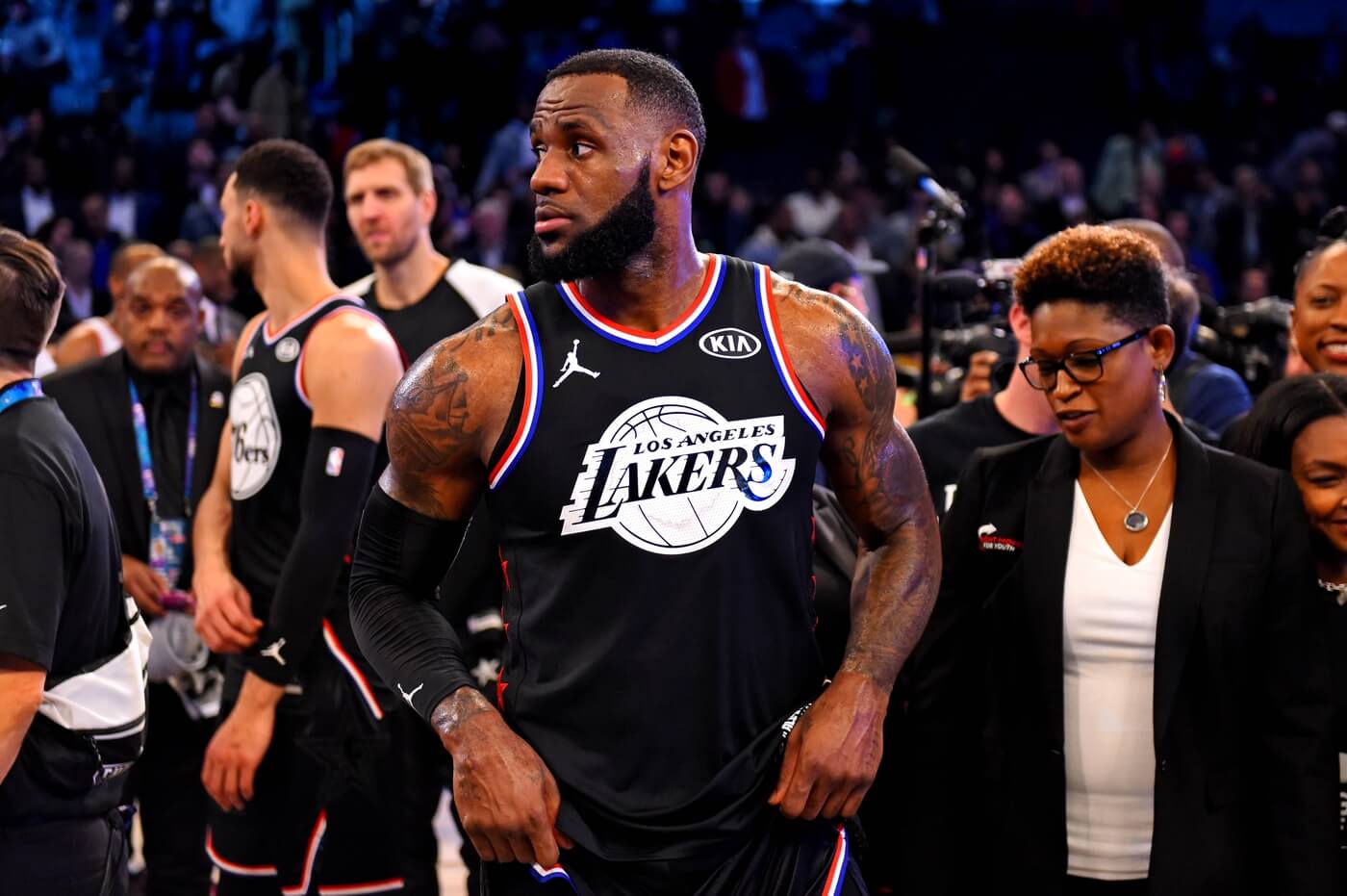 Feb 17, 2019; Charlotte, NC, USA; Team Lebron forward Lebron James of the Los Angeles Lakers (23) after the 2019 NBA All-Star Game at Spectrum Center.