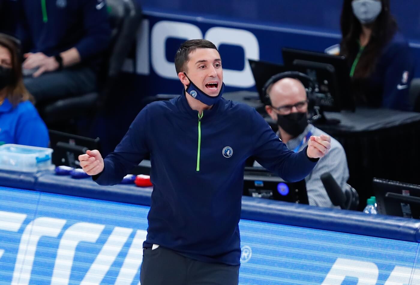 Minnesota Timberwolves head coach Ryan Saunders yells to his team on a play against the Oklahoma City Thunder in the first quarter at Chesapeake Energy Arena.