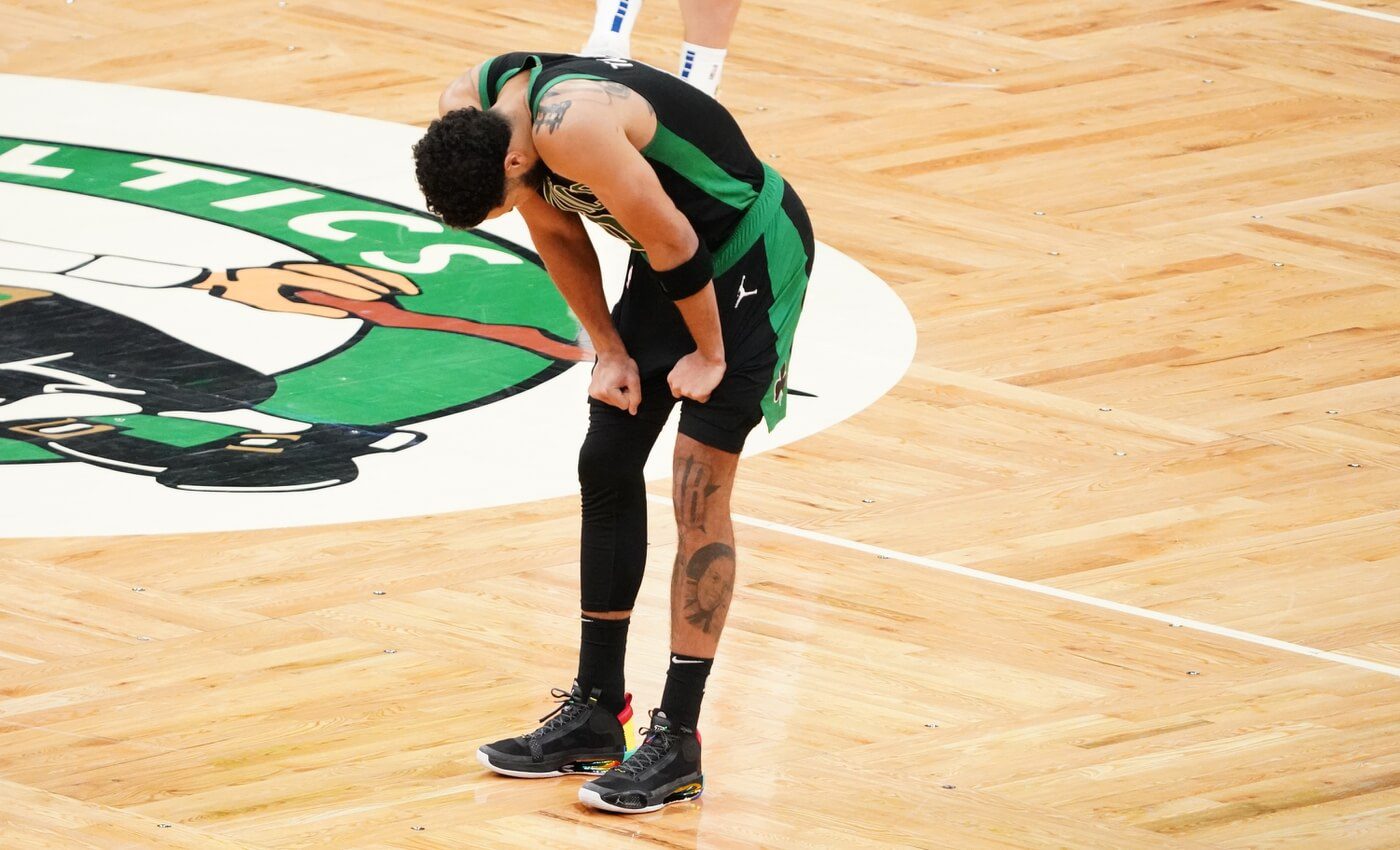 Feb 12, 2021; Boston, Massachusetts, USA; Boston Celtics forward Jayson Tatum (0) on the court in the last seconds of play against the Detroit Pistons in the forth quarter at TD Garden. Mandatory Credit: David Butler II-USA TODAY Sports