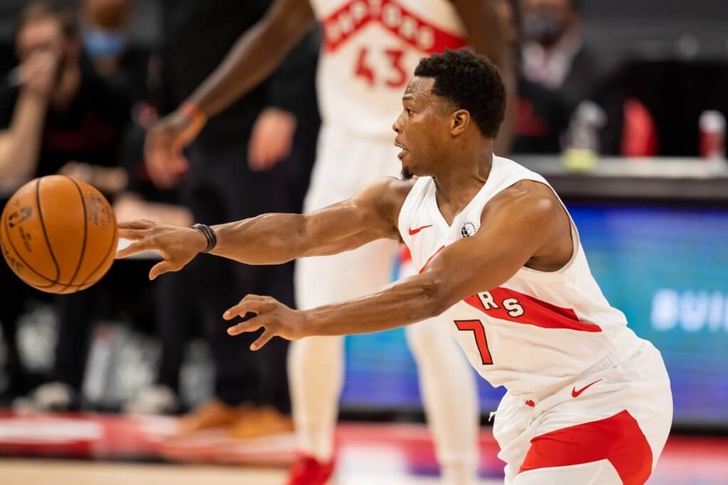 Jan 14, 2021; Tampa, Florida, USA; Toronto Raptors guard Kyle Lowry (7) passes during the first quarter of a game against the Charlotte Hornets at Amalie Arena. Mandatory Credit: Mary Holt-USA TODAY Sports