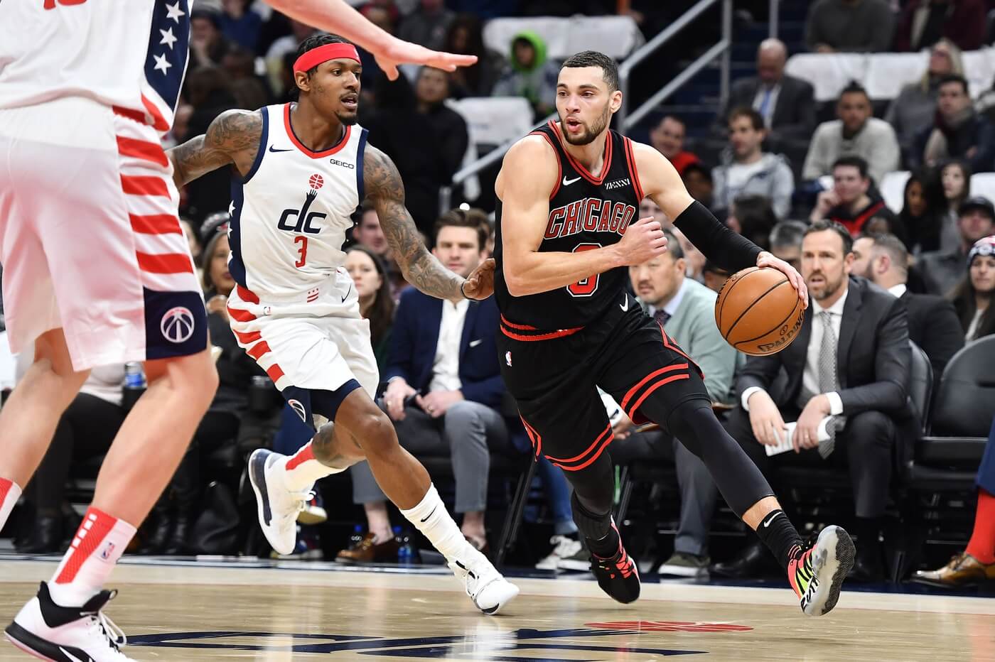 Dec 18, 2019; Washington, DC, USA; Chicago Bulls guard Zach LaVine (8) dribbles the ball against Washington Wizards guard Bradley Beal (3) during the first half at Capital One Arena. Mandatory Credit: Brad Mills-USA TODAY Sports