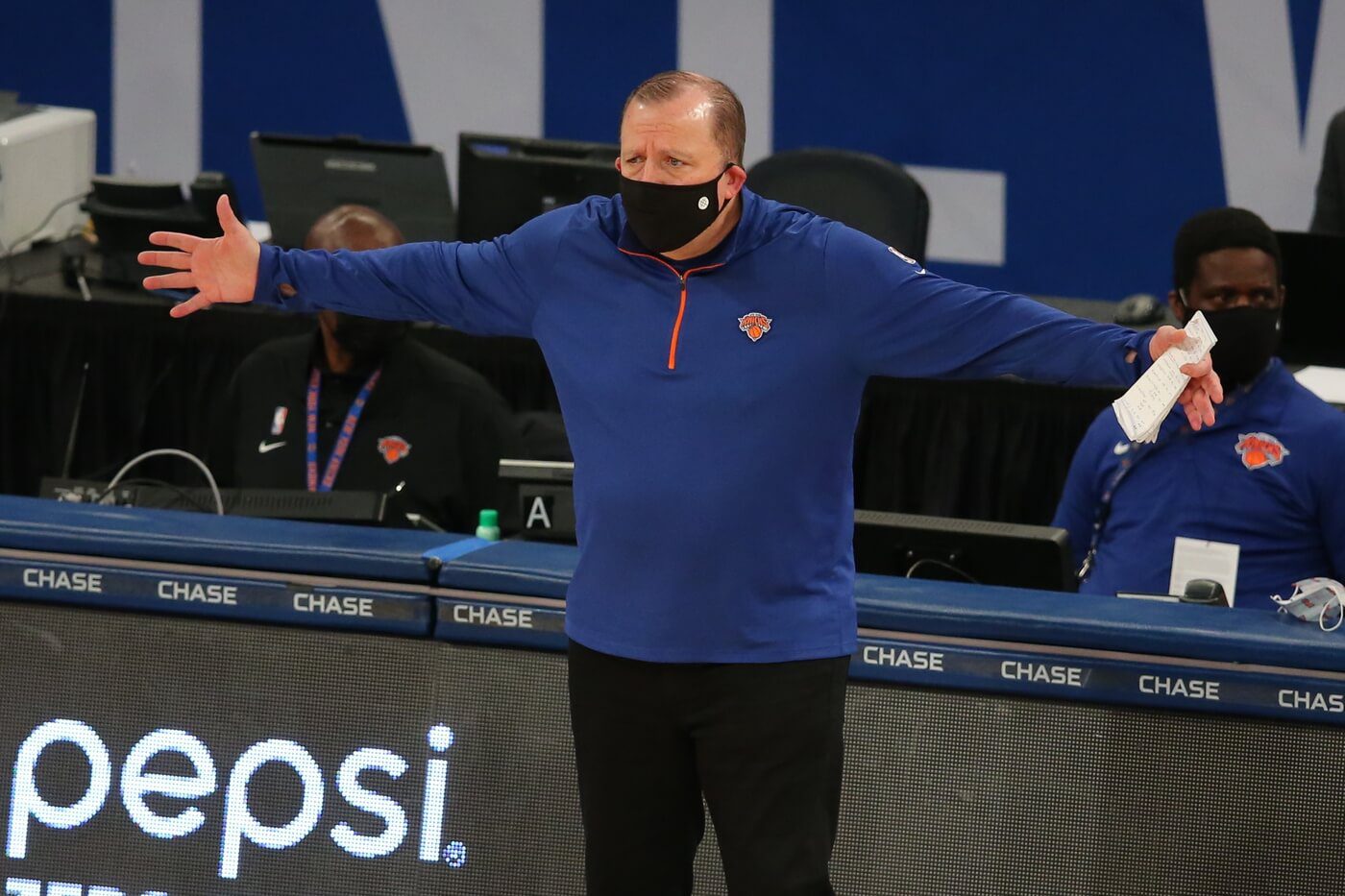 Jan 31, 2021; New York, New York, USA; New York Knicks head coach Tom Thibodeau reacts as he coaches against the LA Clippers during the second quarter at Madison Square Garden. Mandatory Credit: Brad Penner-USA TODAY Sports