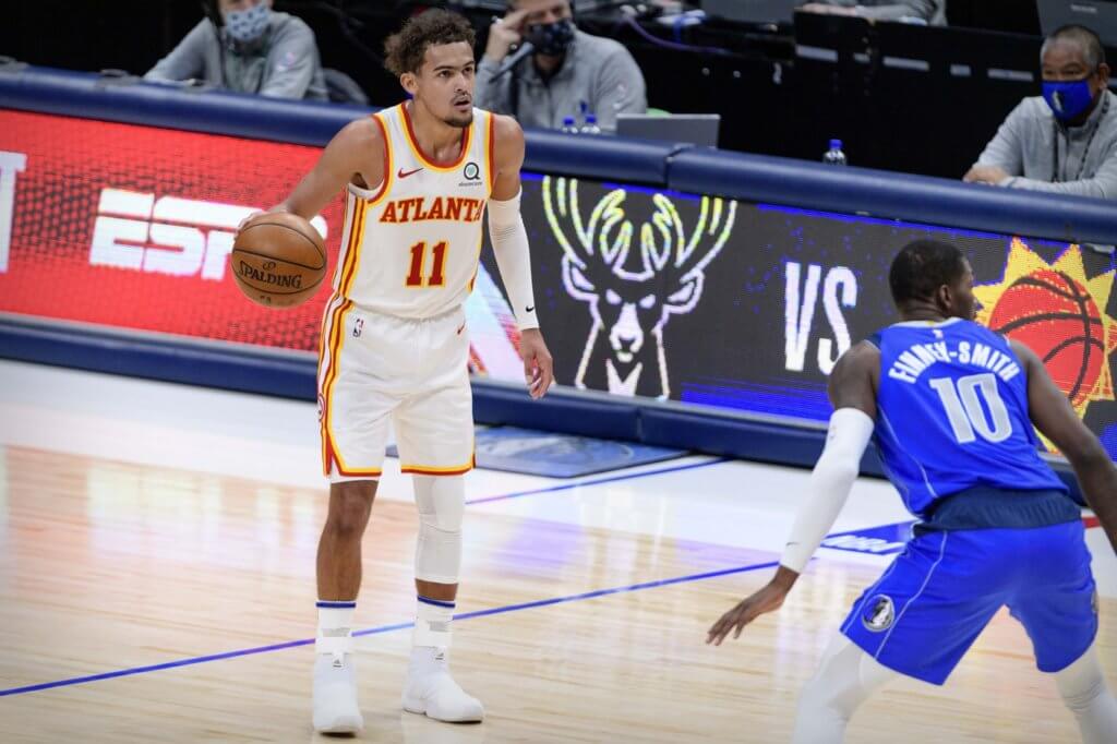 Feb 10, 2021; Dallas, Texas, USA; Atlanta Hawks guard Trae Young (11) in action during the game between the Dallas Mavericks and the Atlanta Hawks at the American Airlines Center. Mandatory Credit: Jerome Miron-USA TODAY Sports