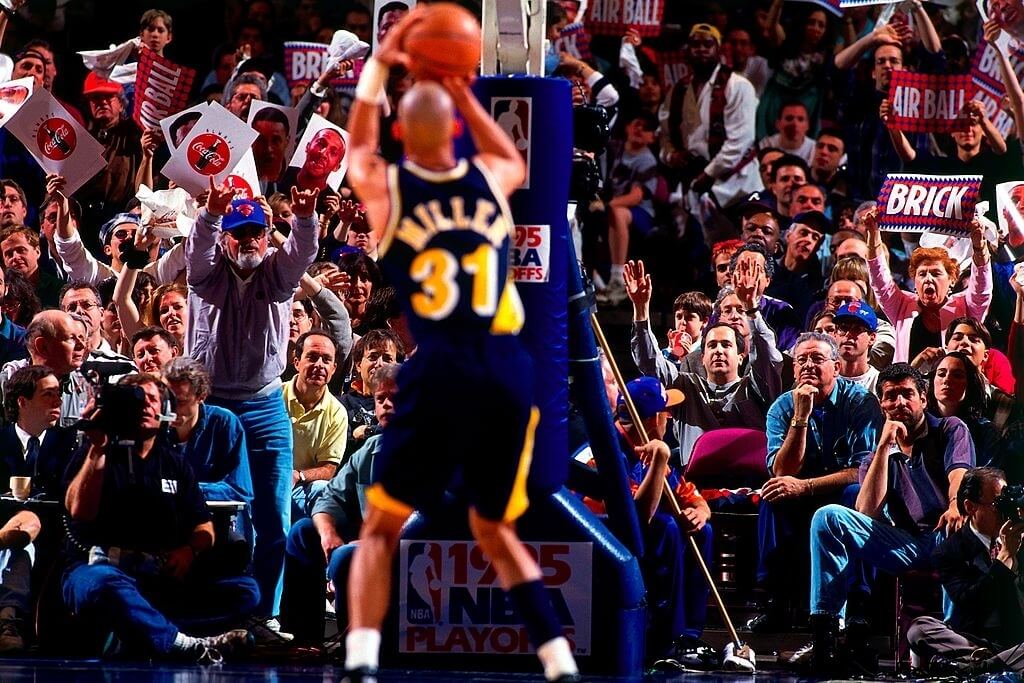 NEW YORK - MAY 7:  Reggie Miller #31 of the Indiana Pacers shoots a free-throw in Game One of the Eastern Conference Semifinals against the New York Knicks during the 1995 NBA Playoffs at Madison Square Garden on May 7, 1995 in New York, New York. The Pacers won 107-105. NOTE TO USER: User expressly acknowledges and agrees that, by downloading and/or using this Photograph, user is consenting to the terms and conditions of the Getty Images License Agreement. Mandatory Copyright Notice: Copyright 2007 NBAE (Photo by Noren Trotman/NBAE via Getty Images)