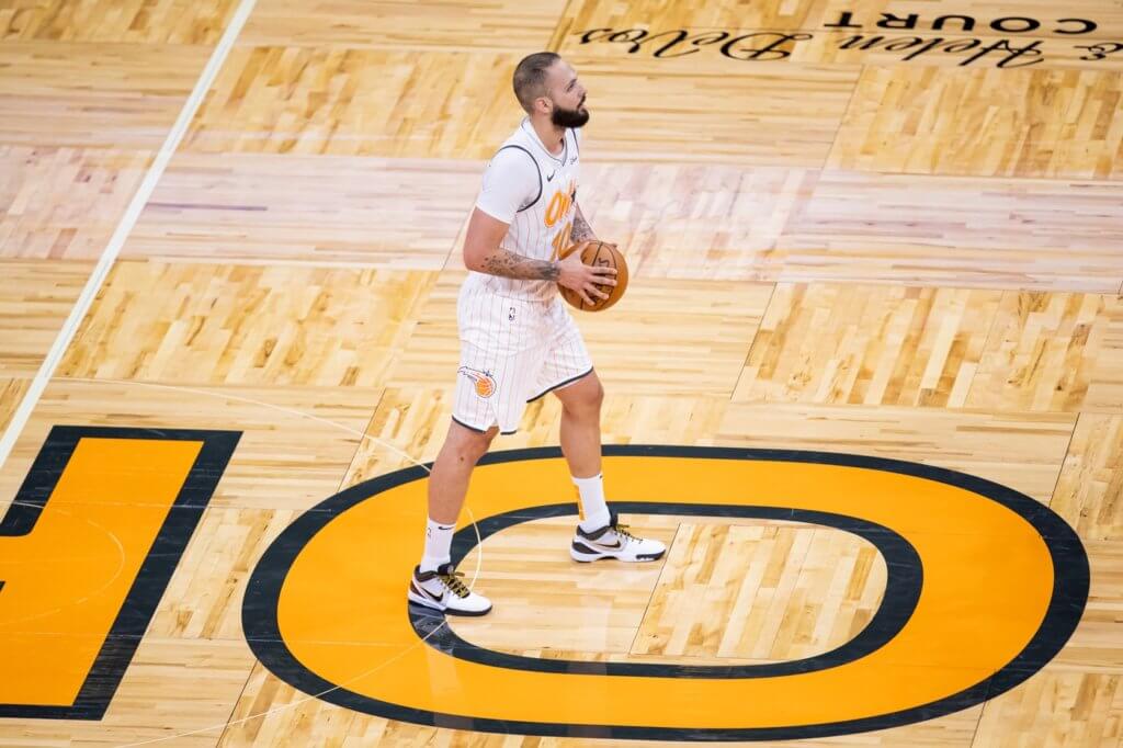 Mar 24, 2021; Orlando, Florida, USA; Orlando Magic guard Evan Fournier (10) stands at midcourt during the second quarter of a game between the Phoenix Suns and the Orlando Magic at Amway Center. Mandatory Credit: Mary Holt-USA TODAY Sports