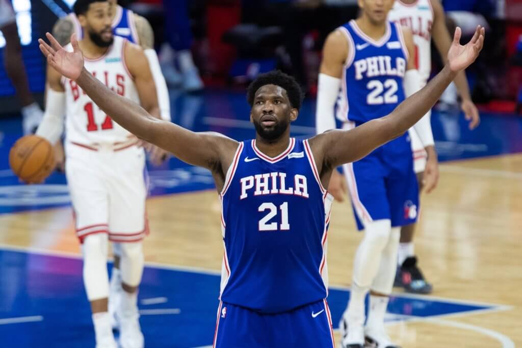 Feb 19, 2021; Philadelphia, Pennsylvania, USA; Philadelphia 76ers center Joel Embiid (21) reacts after a score against the Chicago Bulls during the fourth quarter at Wells Fargo Center. Mandatory Credit: Bill Streicher-USA TODAY Sports