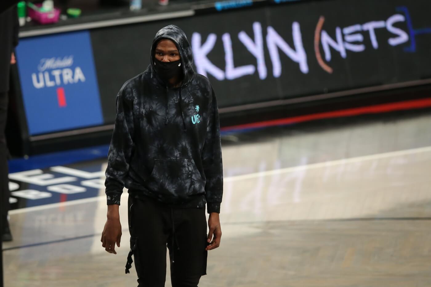 Mar 21, 2021; Brooklyn, New York, USA; Brooklyn Nets power forward Kevin Durant (7) walks onto the court during a time out during the fourth quarter against the Washington Wizards at Barclays Center. Mandatory Credit: Brad Penner-USA TODAY Sports