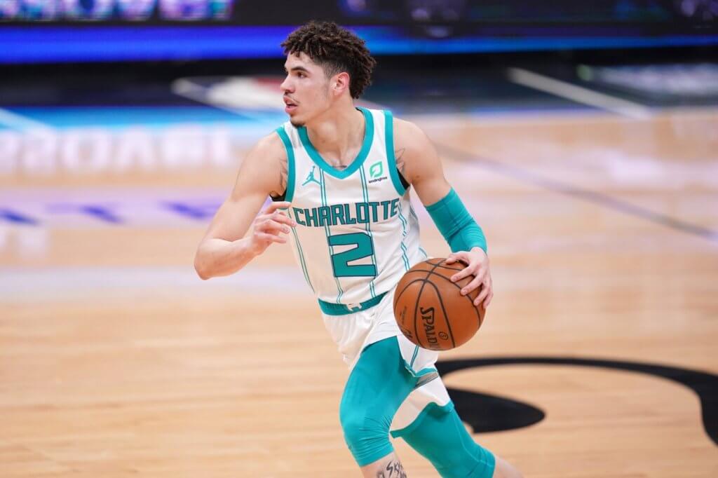 Feb 28, 2021; Sacramento, California, USA; Charlotte Hornets guard LaMelo Ball (2) dribbles the ball against the Sacramento Kings in the first quarter at the Golden 1 Center. Mandatory Credit: Cary Edmondson-USA TODAY Sports