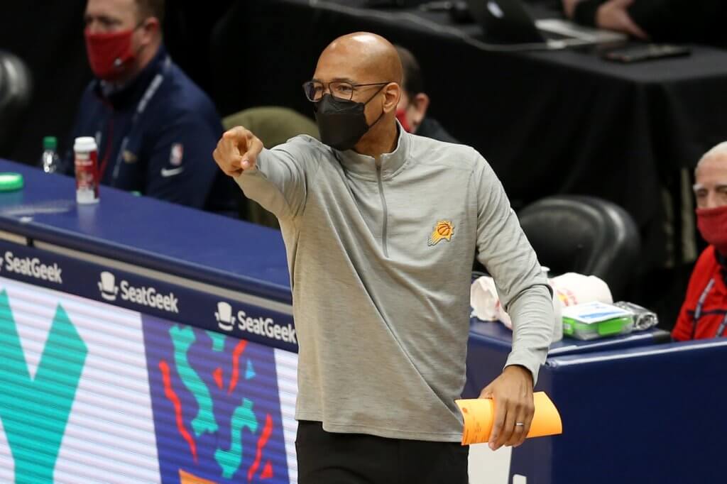 Feb 19, 2021; New Orleans, Louisiana, USA; Phoenix Suns head coach Monty Williams talks to his players in the second quarter against the New Orleans Pelicans at the Smoothie King Center. Mandatory Credit: Chuck Cook-USA TODAY Sports