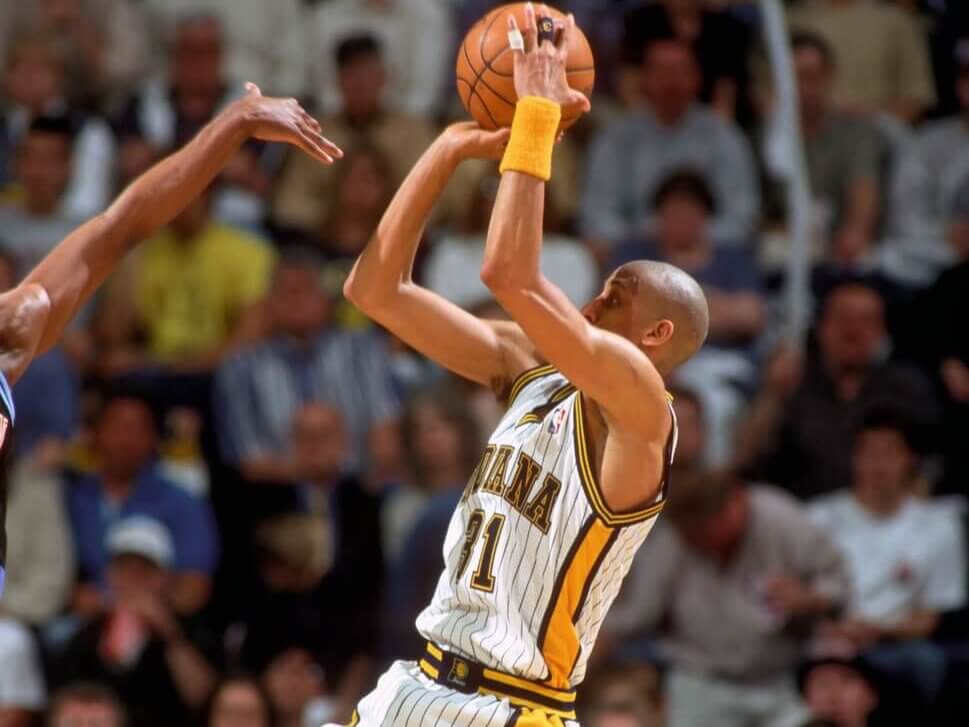 Unknown date 1999; Unknown location, USA; FILE PHOTO; Indiana Pacers guard Reggie Miller (31) during the 1999 season at Conseco Fieldhouse. Mandatory Credit: Brian Spurlock-USA TODAY Sports